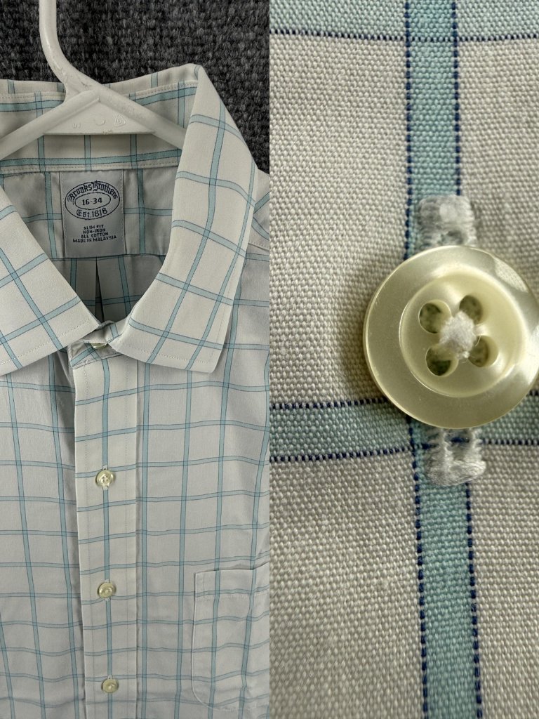 Brooks Brothers Check Cotton Non-Iron 16 34 Slim Blue Mens Button Up Long Sleeve